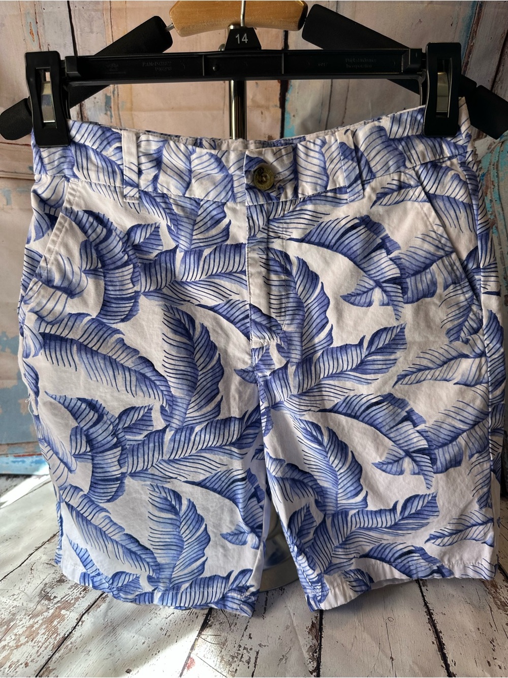Janie and Jack Boys Size 10 Tropical Palm Leaf Print Shorts Blue White